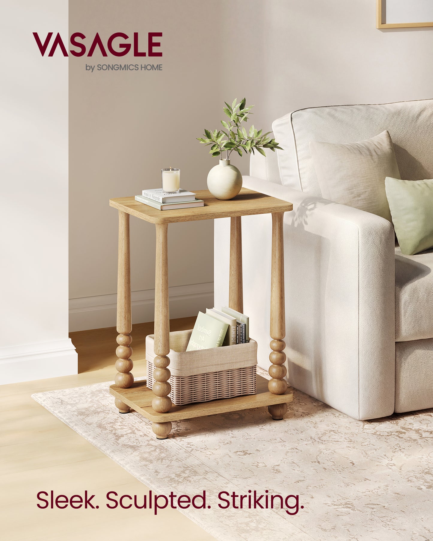 VASAGLE MARIEL Collection - Side Table, Accent Nightstand for Small Spaces, Rectangular End Table with Shelf, Solid Wood Legs, Natural Brown