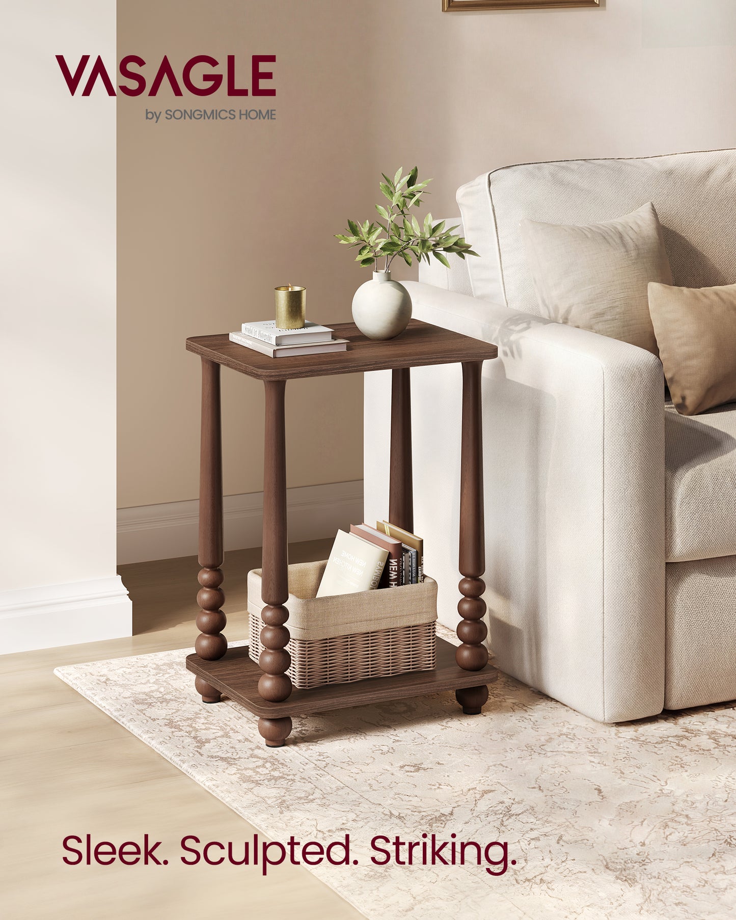 VASAGLE MARIEL Collection - Side Table, Accent Nightstand for Small Spaces, Rectangular End Table with Shelf, Solid Wood Legs, Chestnut Walnut