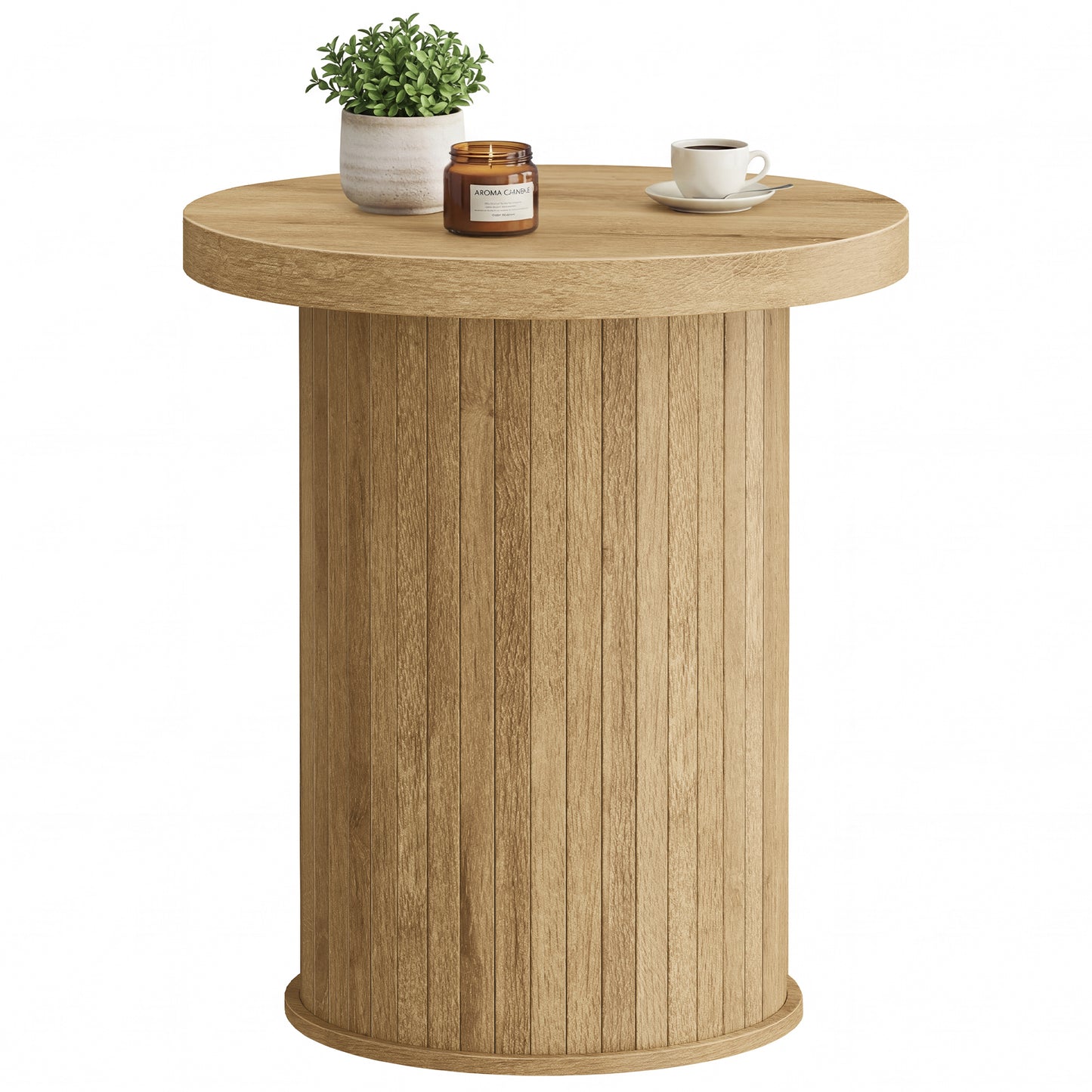 VASAGLE Round Side Table, Tambour End Table, Mid Century Modern Nightstand, Easy Assembly, for Small Spaces, 17.7 x 19.7 Inches, Natural Brown
