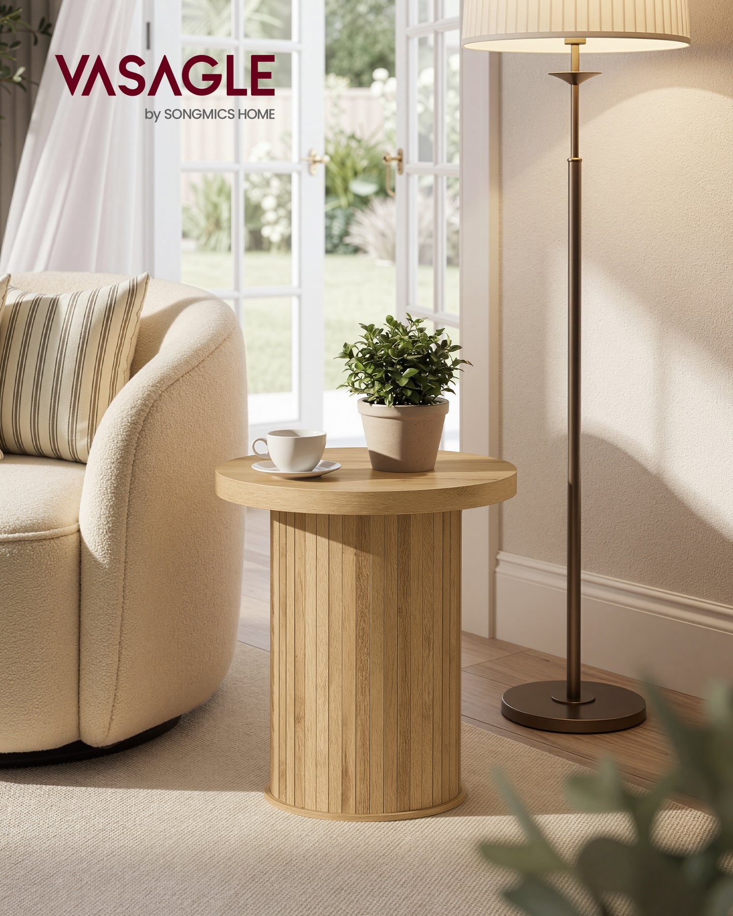 VASAGLE Round Side Table, Tambour End Table, Mid Century Modern Nightstand, Easy Assembly, for Small Spaces, 17.7 x 19.7 Inches, Natural Brown