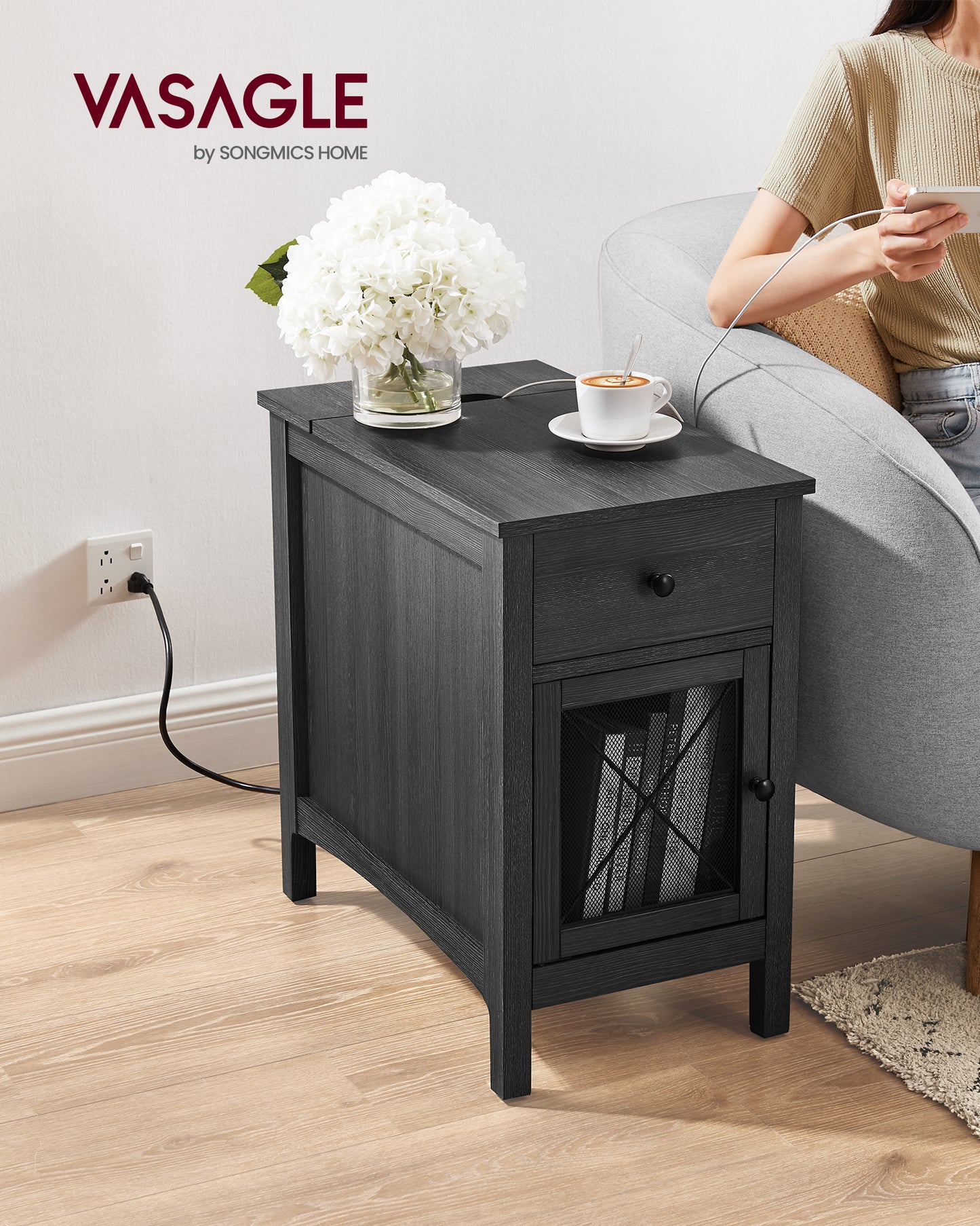 Side Table with Storage End Table with USB Ports and Outlets Nightstand Drawer Storage Cabinet Magazine Rack Charcoal Gray