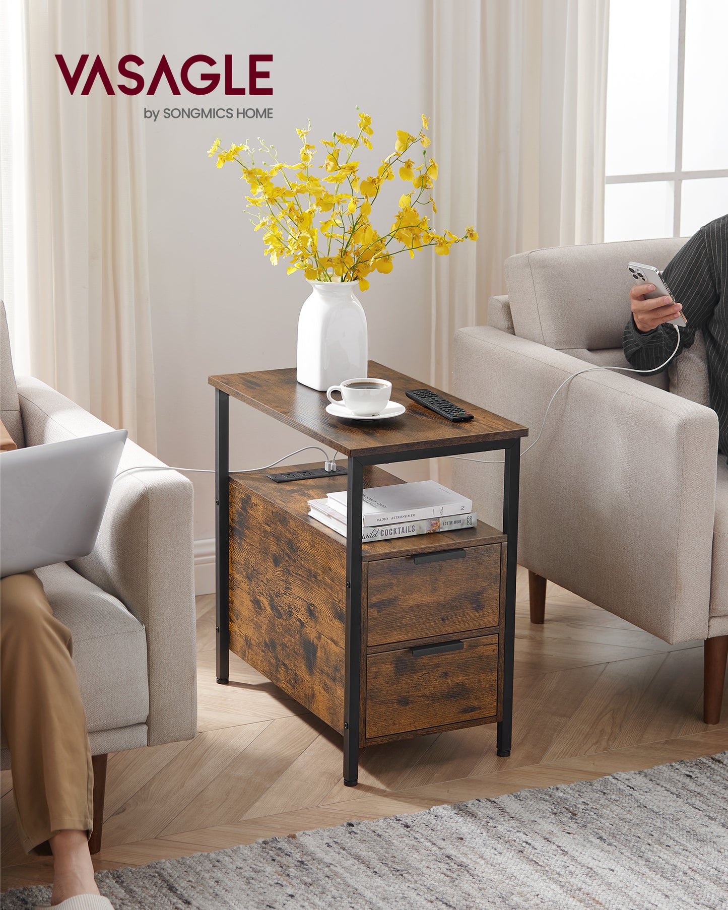 End Table Bedside Table with Storage Bedroom Small Space 2 Drawers Oak with Dark Blue Grains Black