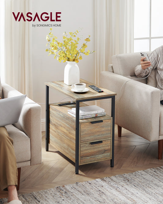 End Table Bedside Table with Storage Bedroom Small Space 2 Drawers Oak with Blue Grains Black