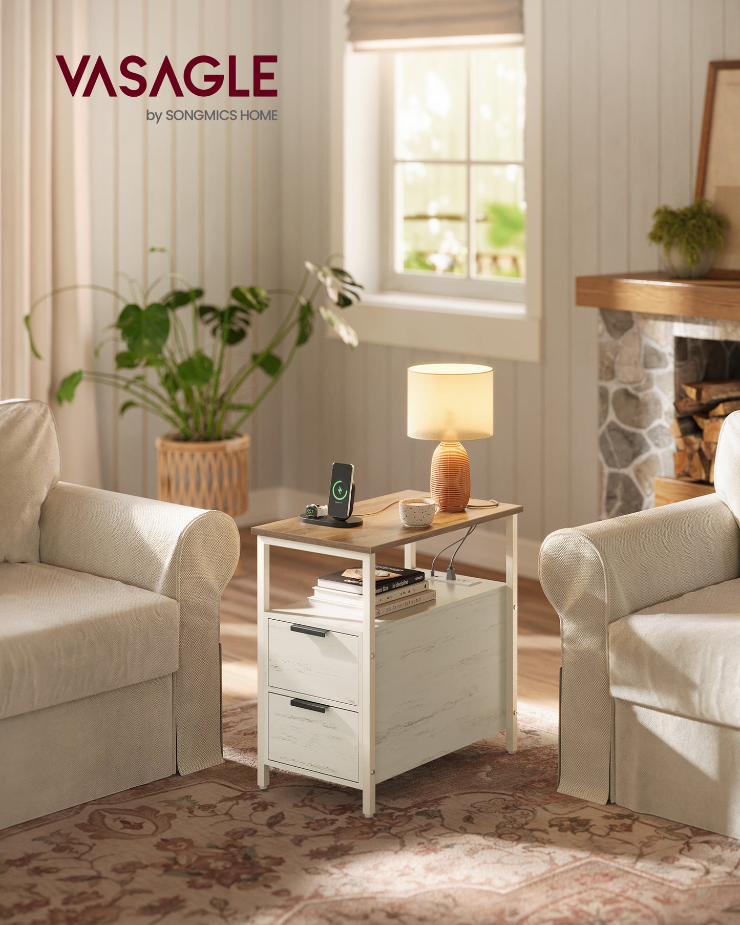 Slim Bedside Table with Charging Station, 2-Drawer Narrow End Table with 2 Outlets and USB Ports, for Small Spaces, Honey Brown and White