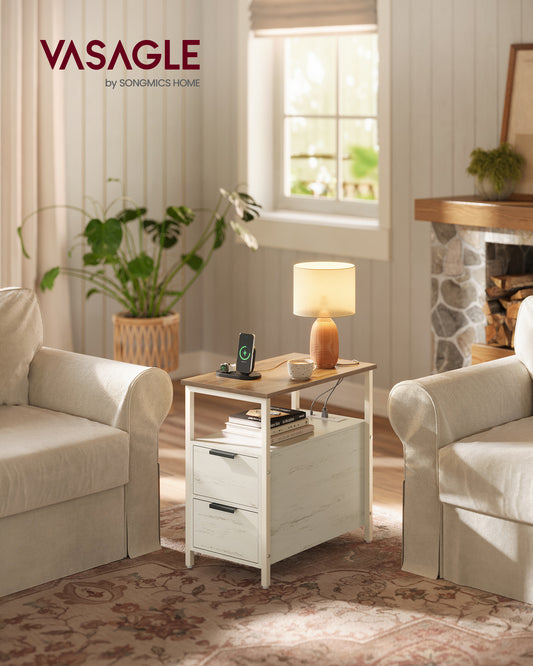 Slim Bedside Table with Charging Station, 2-Drawer Narrow End Table with 2 Outlets and USB Ports, for Small Spaces, Honey Brown and White