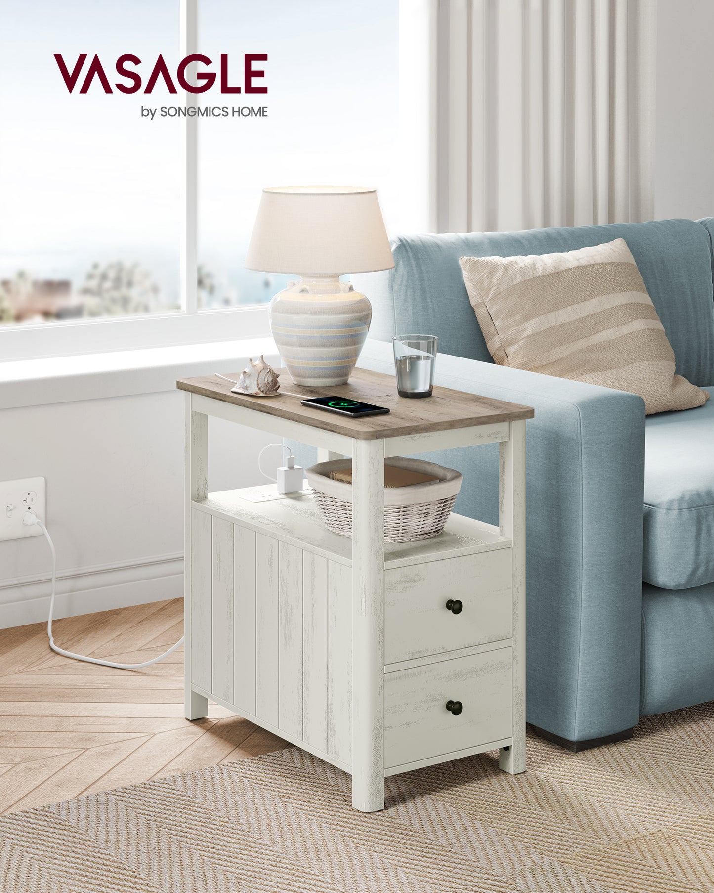 VASAGLE Side Table with Charging Station, Narrow Nightstand with 2 Drawers, Living Room End Table with Storage