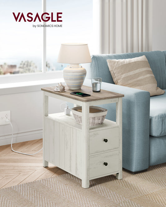 VASAGLE Side Table with Charging Station, Narrow Nightstand with 2 Drawers, Living Room End Table with Storage