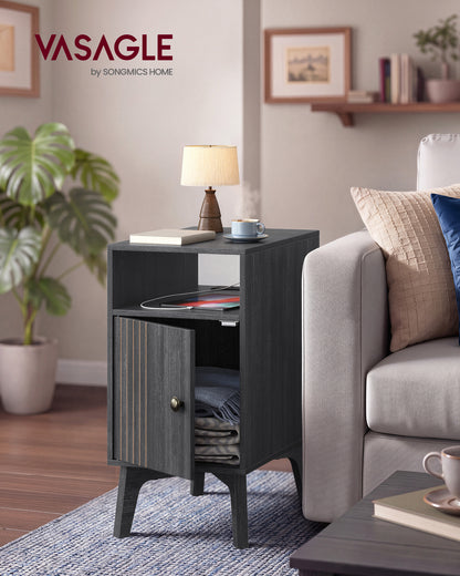 VASAGLE MAEZO Collection - End Table with Charging Station, Narrow Side Table, Nightstand with Tapered Legs, Curved Transitions, Charcoal Gray