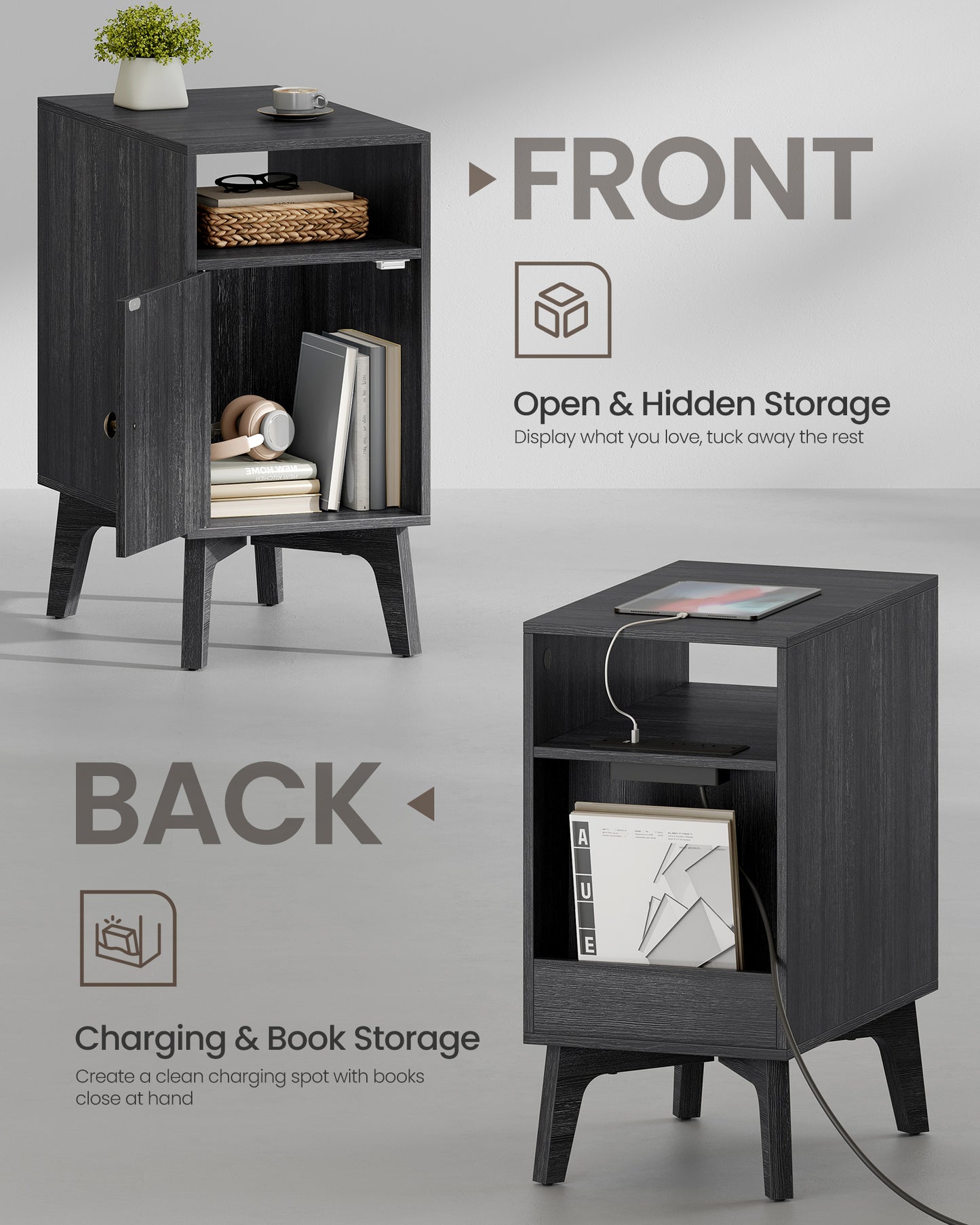 VASAGLE MAEZO Collection - End Table with Charging Station, Narrow Side Table, Nightstand with Tapered Legs, Curved Transitions, Charcoal Gray