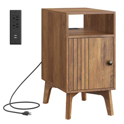 VASAGLE End Table with Charging Station, Narrow Side Table, Nightstand with Tapered Legs, Curved Transitions, for Small Spaces, Honey Brown