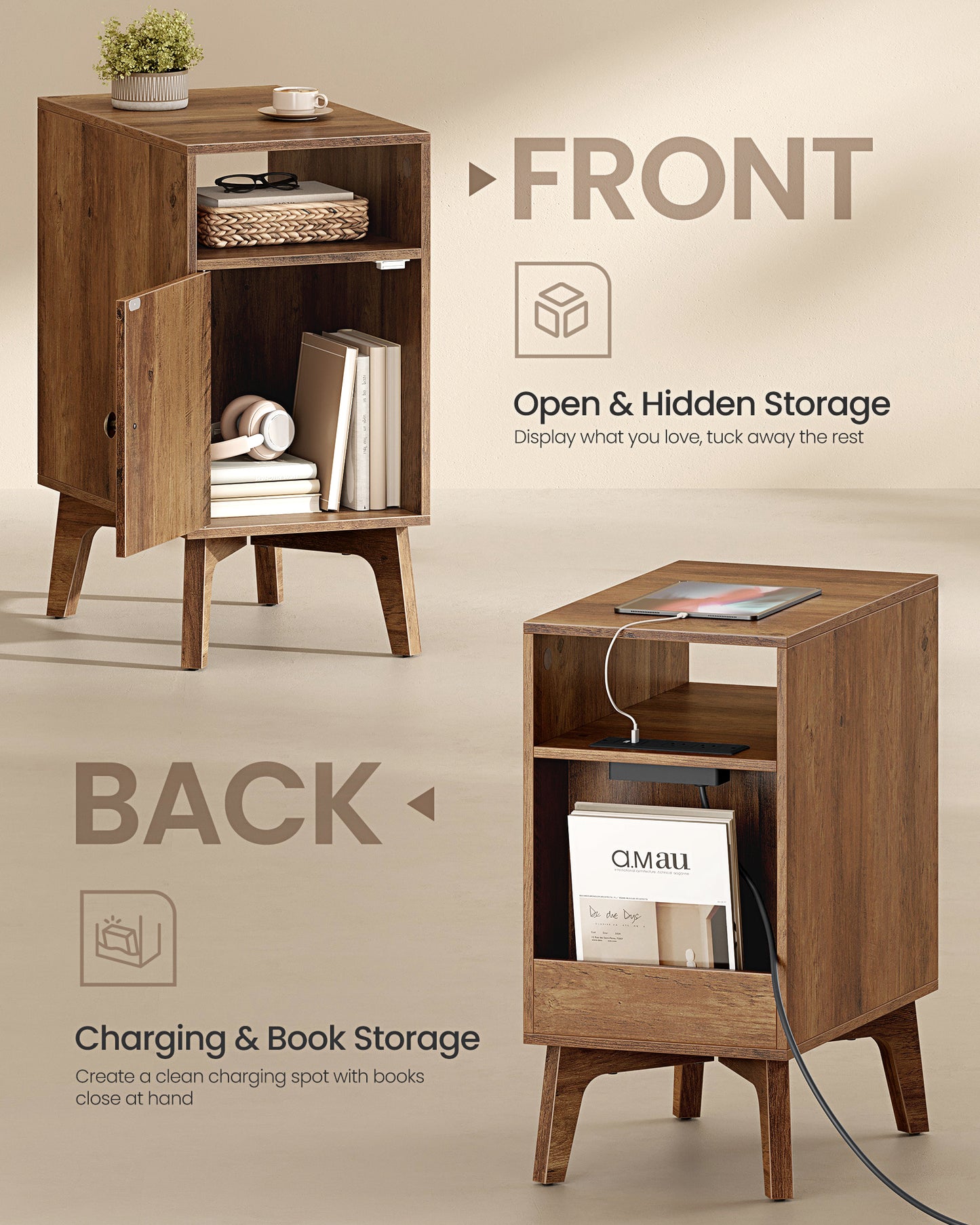VASAGLE End Table with Charging Station, Narrow Side Table, Nightstand with Tapered Legs, Curved Transitions, for Small Spaces, Honey Brown