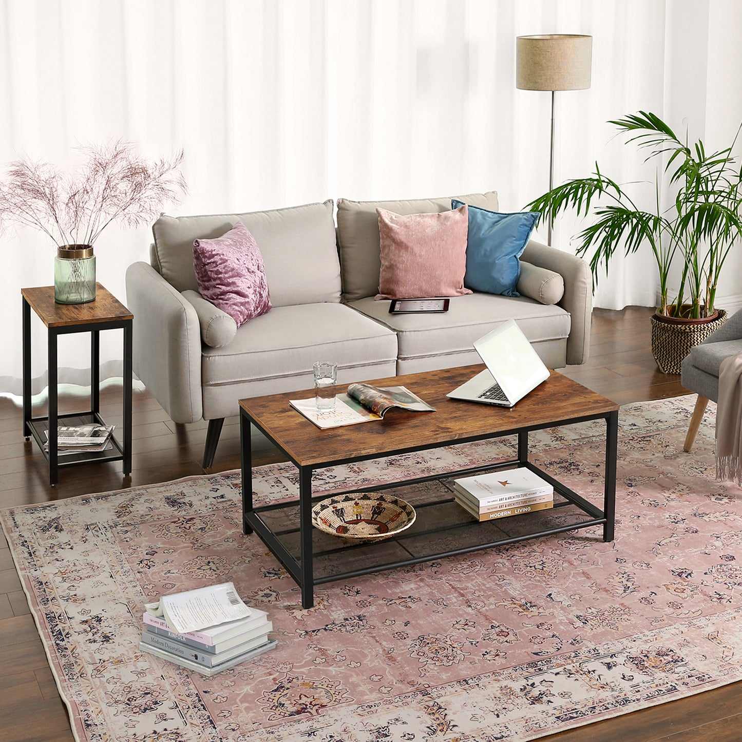 Side Table, Narrow Small End Table with Mesh Shelf, Nightstand, Living Room, Bedroom, Kitchen, Metal, Industrial Design, Rustic Brown