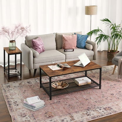 Side Table, Narrow Small End Table with Mesh Shelf, Nightstand, Living Room, Bedroom, Kitchen, Metal, Industrial Design, Rustic Brown