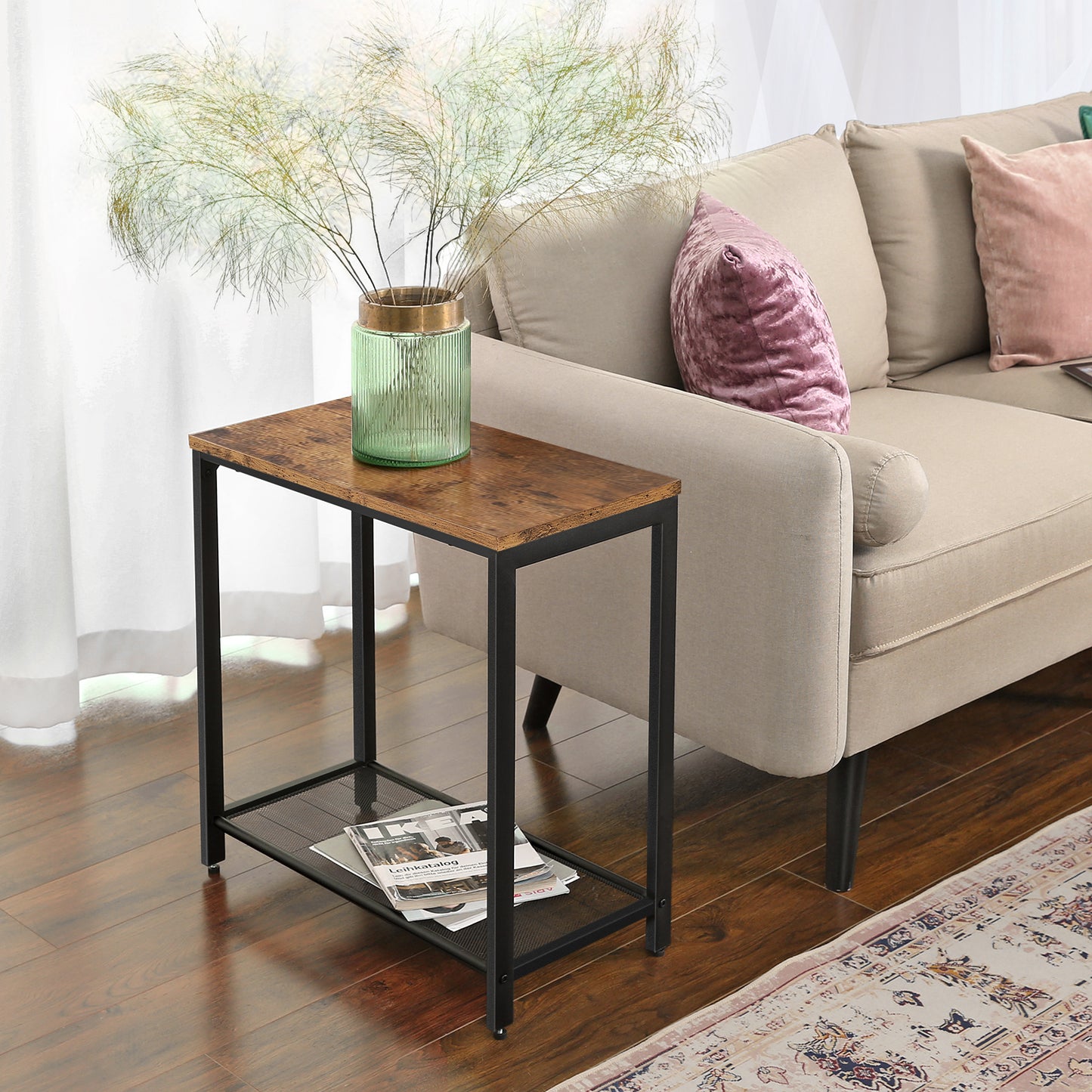 Side Table, Narrow Small End Table with Mesh Shelf, Nightstand, Living Room, Bedroom, Kitchen, Metal, Industrial Design, Rustic Brown