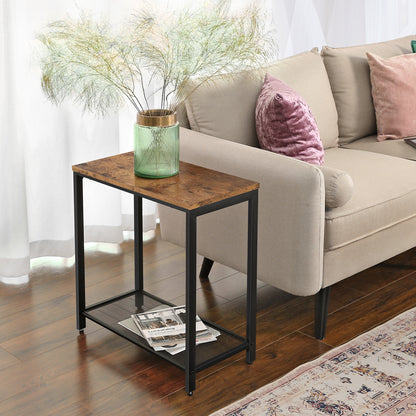 Side Table, Narrow Small End Table with Mesh Shelf, Nightstand, Living Room, Bedroom, Kitchen, Metal, Industrial Design, Rustic Brown