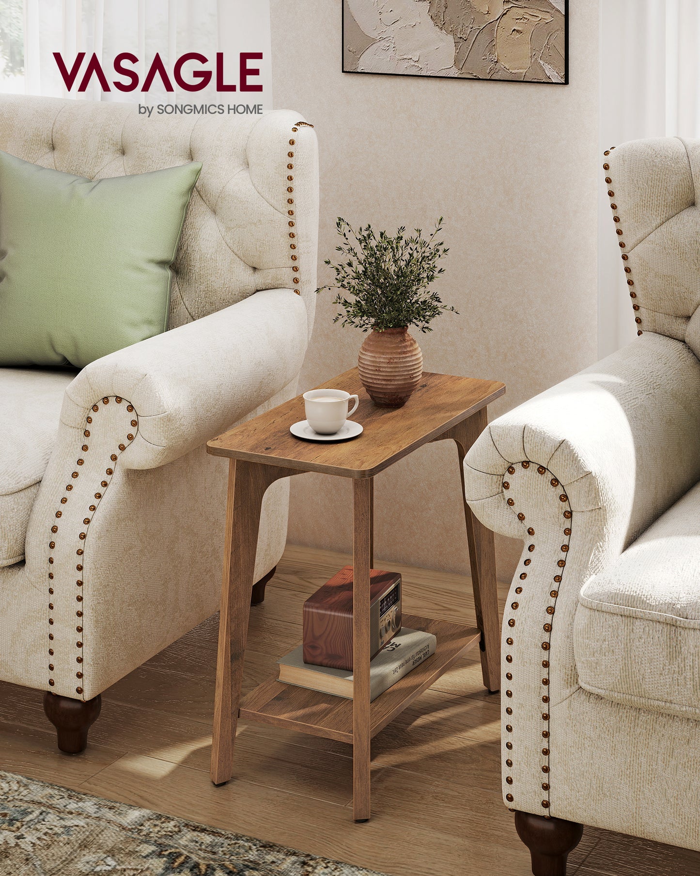 2-Tier Side Table, Small Rectangular End Table, Nightstand for Small Spaces, Living Room, Bedroom, Brown