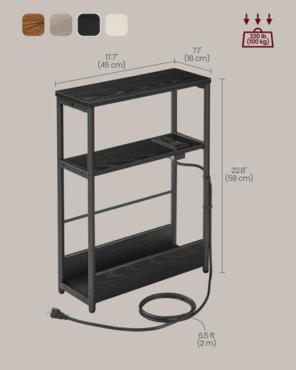 Side Table with Charging Station, Narrow End Table, 3-Tier Nightstand, Sofa Table for Small Spaces, Magazine Rack, for Living Room, Bedroom, Study, Ebony Black and Ink Black