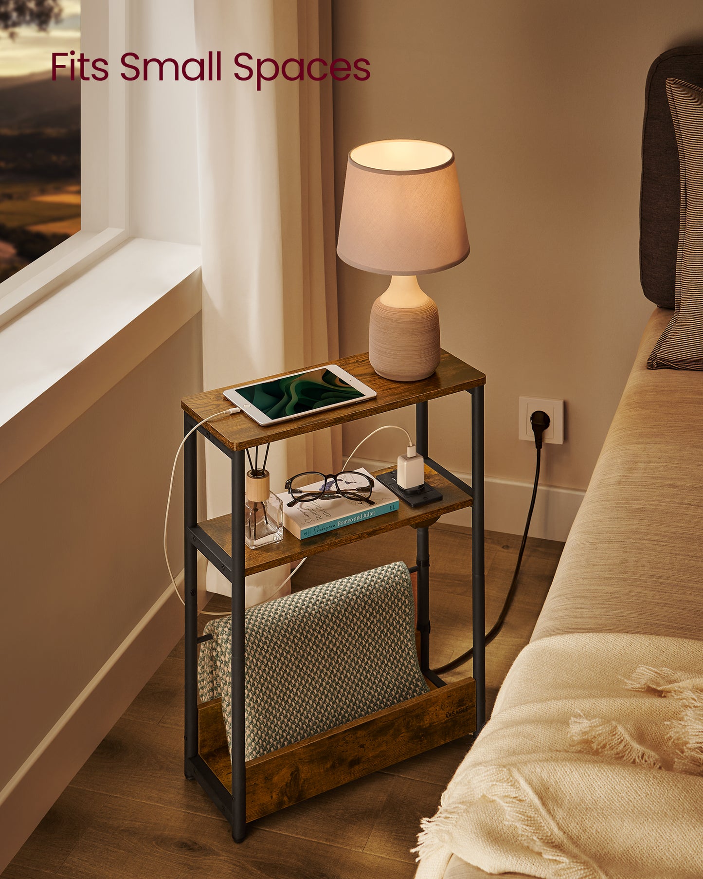 Side Table with Charging Station, Narrow End Table, 3-Tier Nightstand, Sofa Table for Small Spaces, Magazine Rack, for Living Room, Bedroom, Study