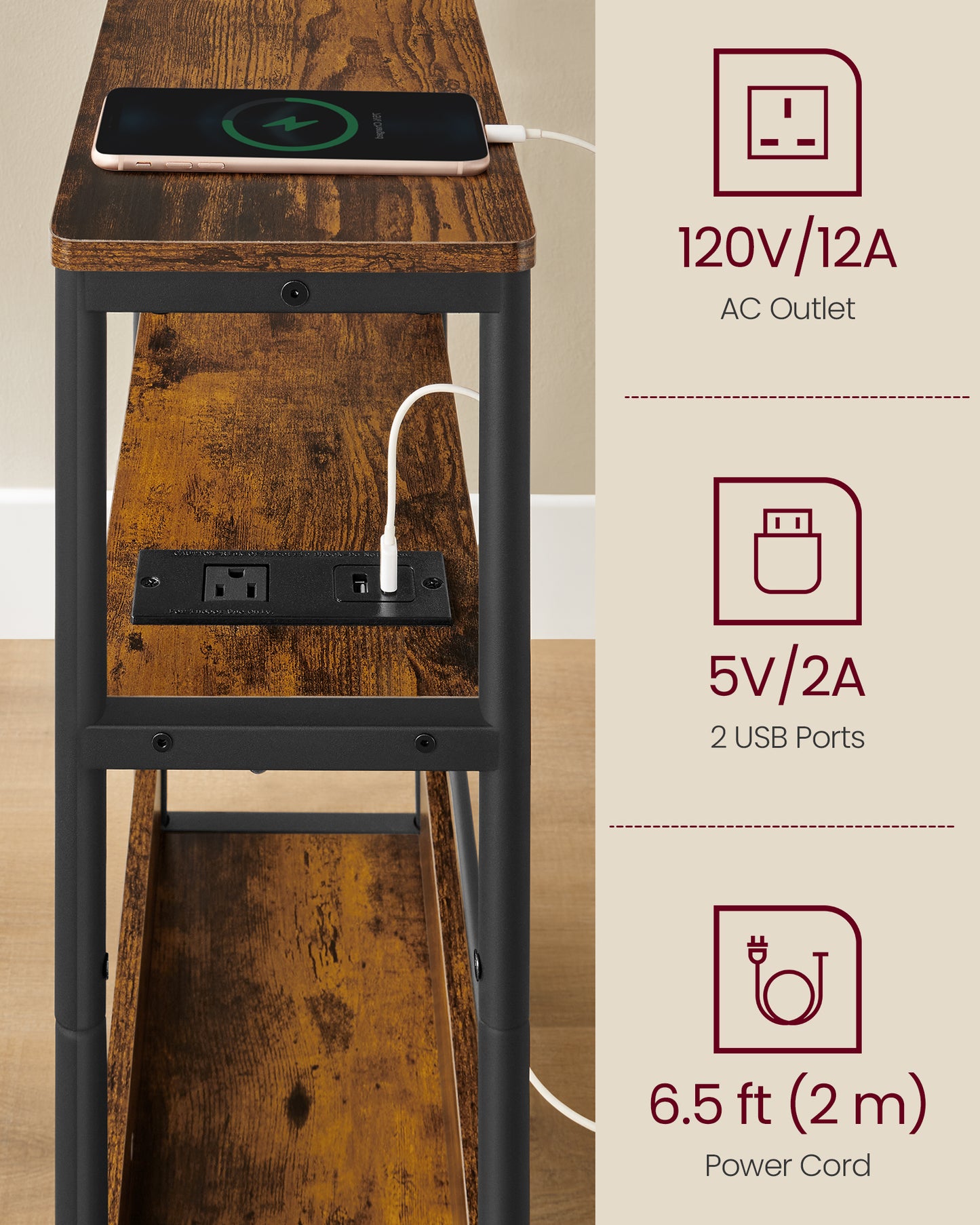 Side Table with Charging Station, Narrow End Table, 3-Tier Nightstand, Sofa Table for Small Spaces, Magazine Rack, for Living Room, Bedroom, Study