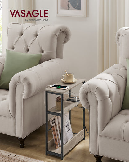 Side Table with Charging Station, Narrow End Table, 3-Tier Nightstand, Sofa Table for Small Spaces, Magazine Rack Heather Greige and Ink Black