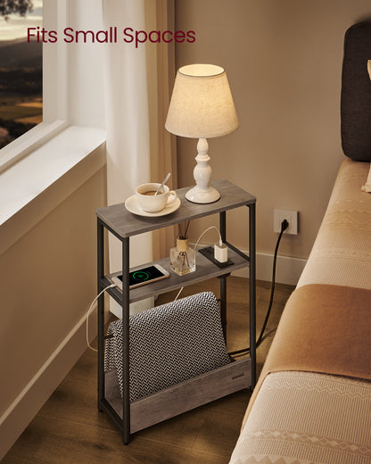 Side Table with Charging Station, Narrow End Table, 3-Tier Nightstand, Sofa Table for Small Spaces, Magazine Rack Heather Greige and Ink Black