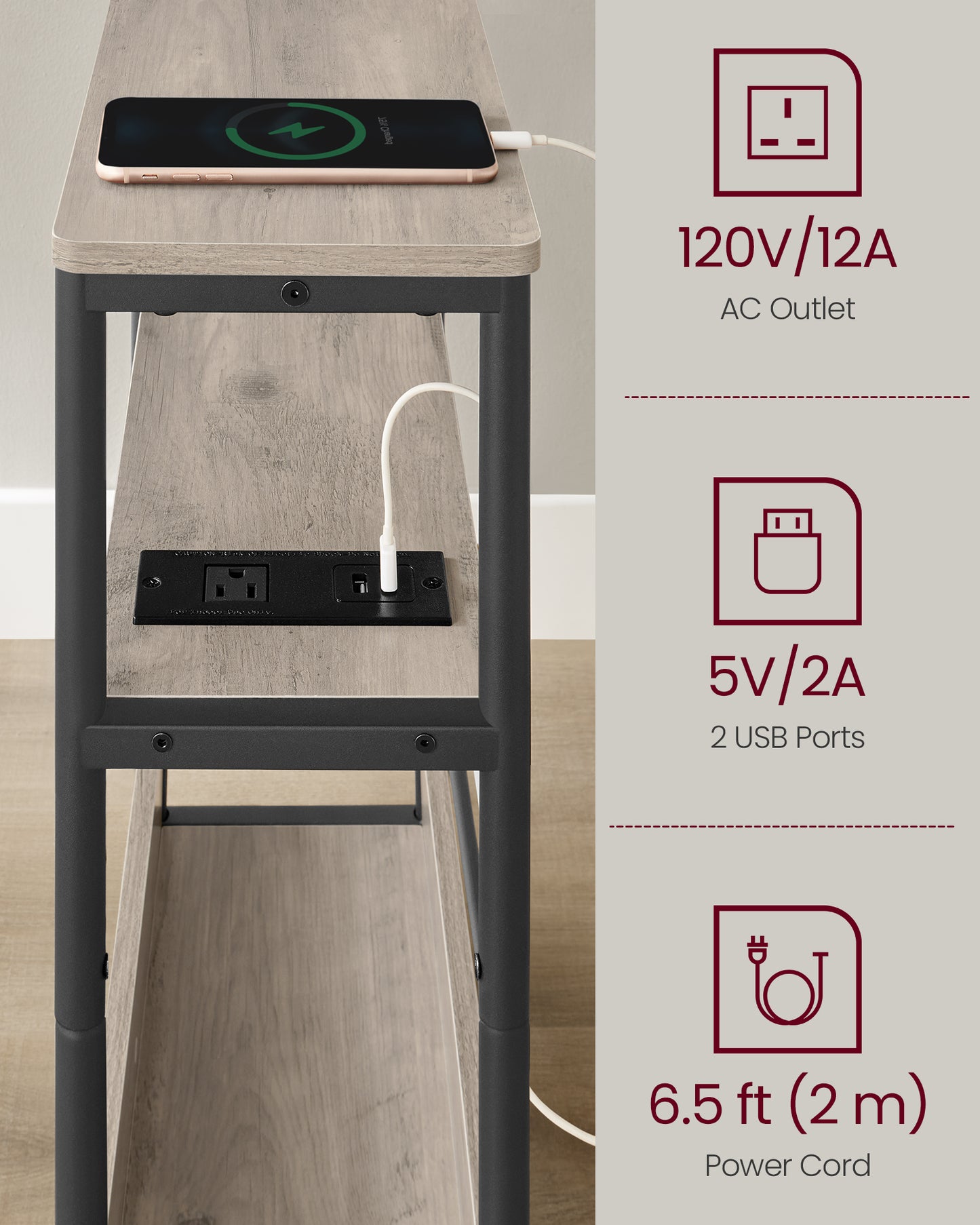 Side Table with Charging Station, Narrow End Table, 3-Tier Nightstand, Sofa Table for Small Spaces, Magazine Rack Heather Greige and Ink Black