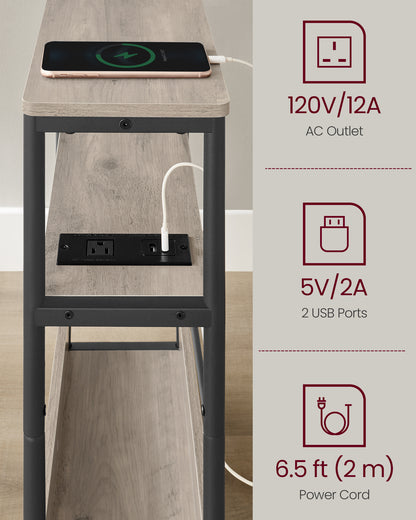Side Table with Charging Station, Narrow End Table, 3-Tier Nightstand, Sofa Table for Small Spaces, Magazine Rack Heather Greige and Ink Black