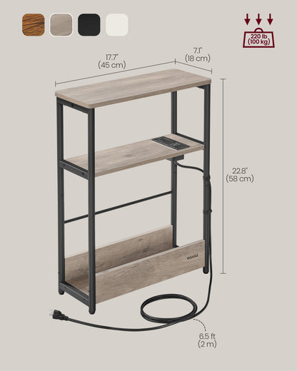 Side Table with Charging Station, Narrow End Table, 3-Tier Nightstand, Sofa Table for Small Spaces, Magazine Rack Heather Greige and Ink Black