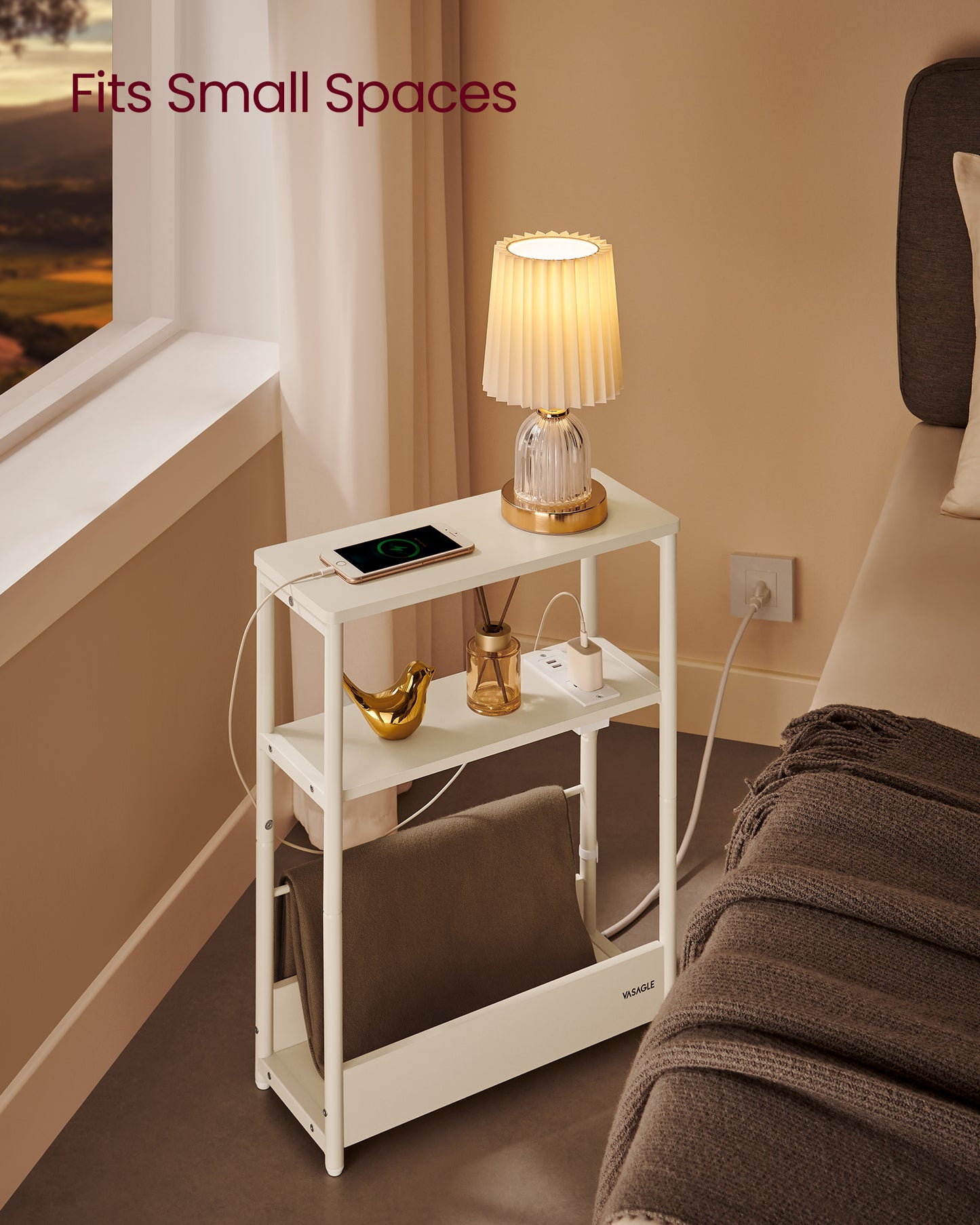 Side Table with Charging Station, Narrow End Table, 3-Tier Nightstand, Sofa Table for Small Spaces, Magazine Rack White