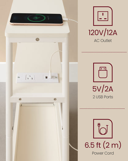 Side Table with Charging Station, Narrow End Table, 3-Tier Nightstand, Sofa Table for Small Spaces, Magazine Rack White