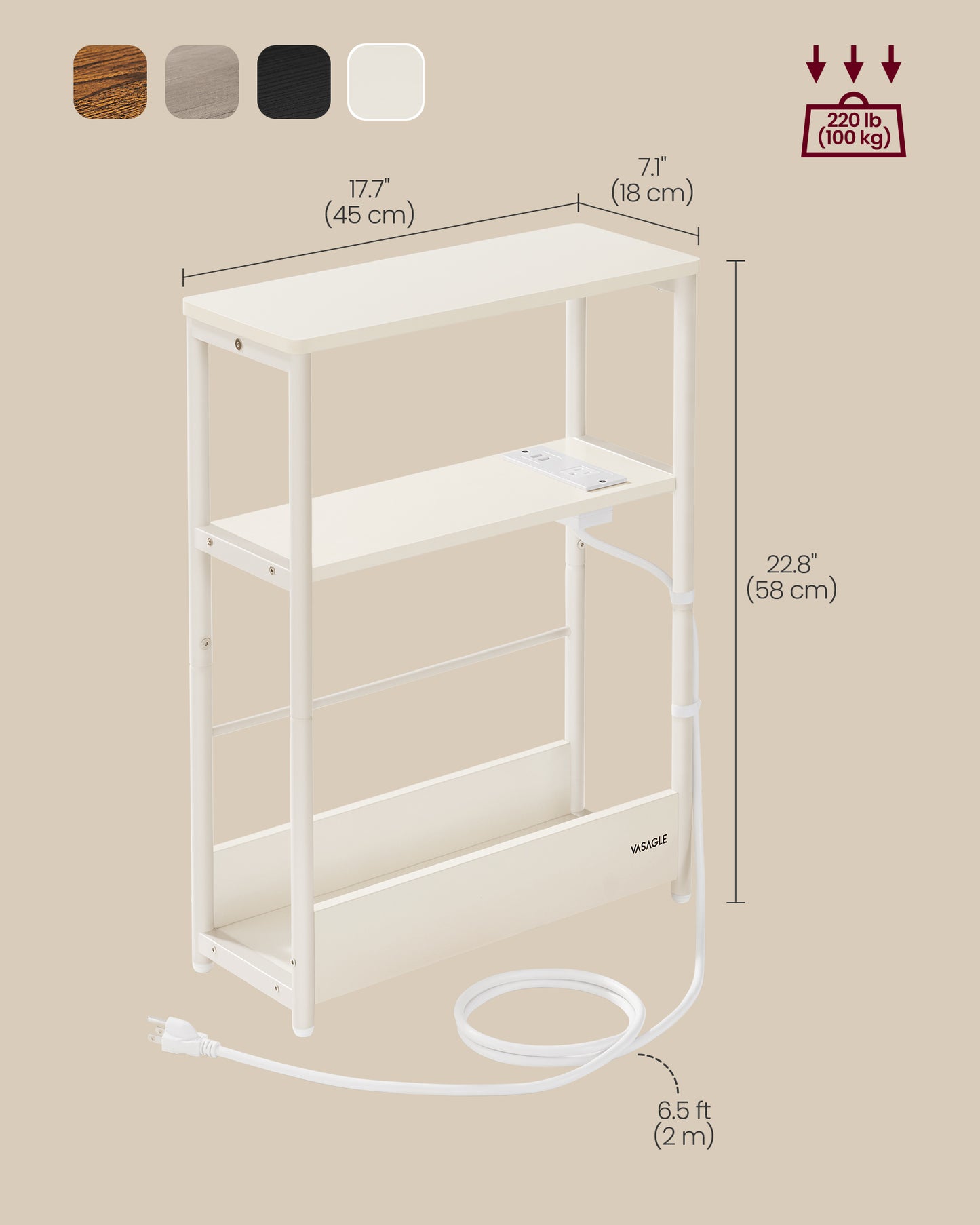 Side Table with Charging Station, Narrow End Table, 3-Tier Nightstand, Sofa Table for Small Spaces, Magazine Rack White