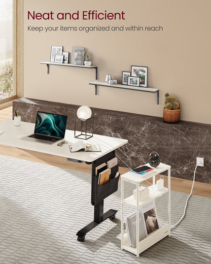 Side Table with Charging Station, Narrow End Table, 3-Tier Nightstand, Sofa Table for Small Spaces, Magazine Rack White
