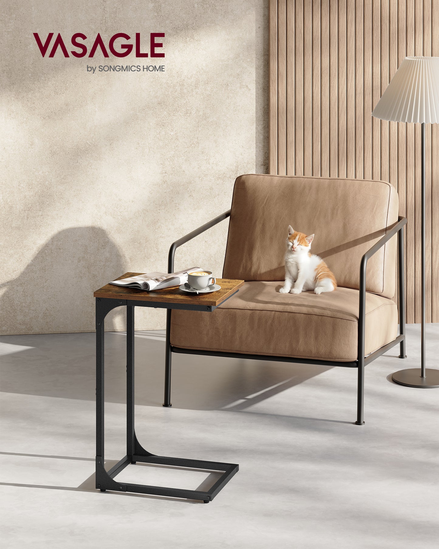 VASAGLE C-Shaped End Table, Small Side Table for Couch, Sofa Table with Metal Frame, Rustic Brown and Black