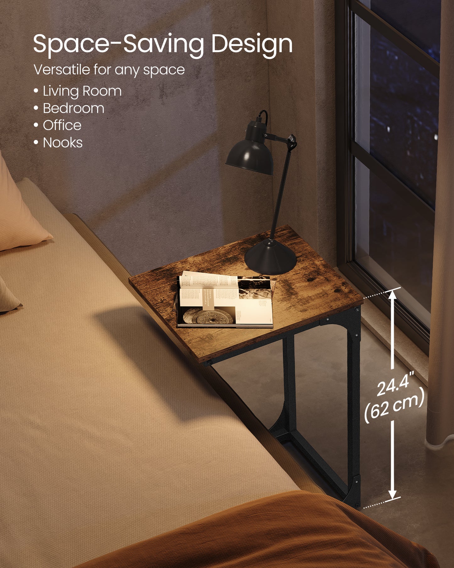 VASAGLE C-Shaped End Table, Small Side Table for Couch, Sofa Table with Metal Frame, Rustic Brown and Black