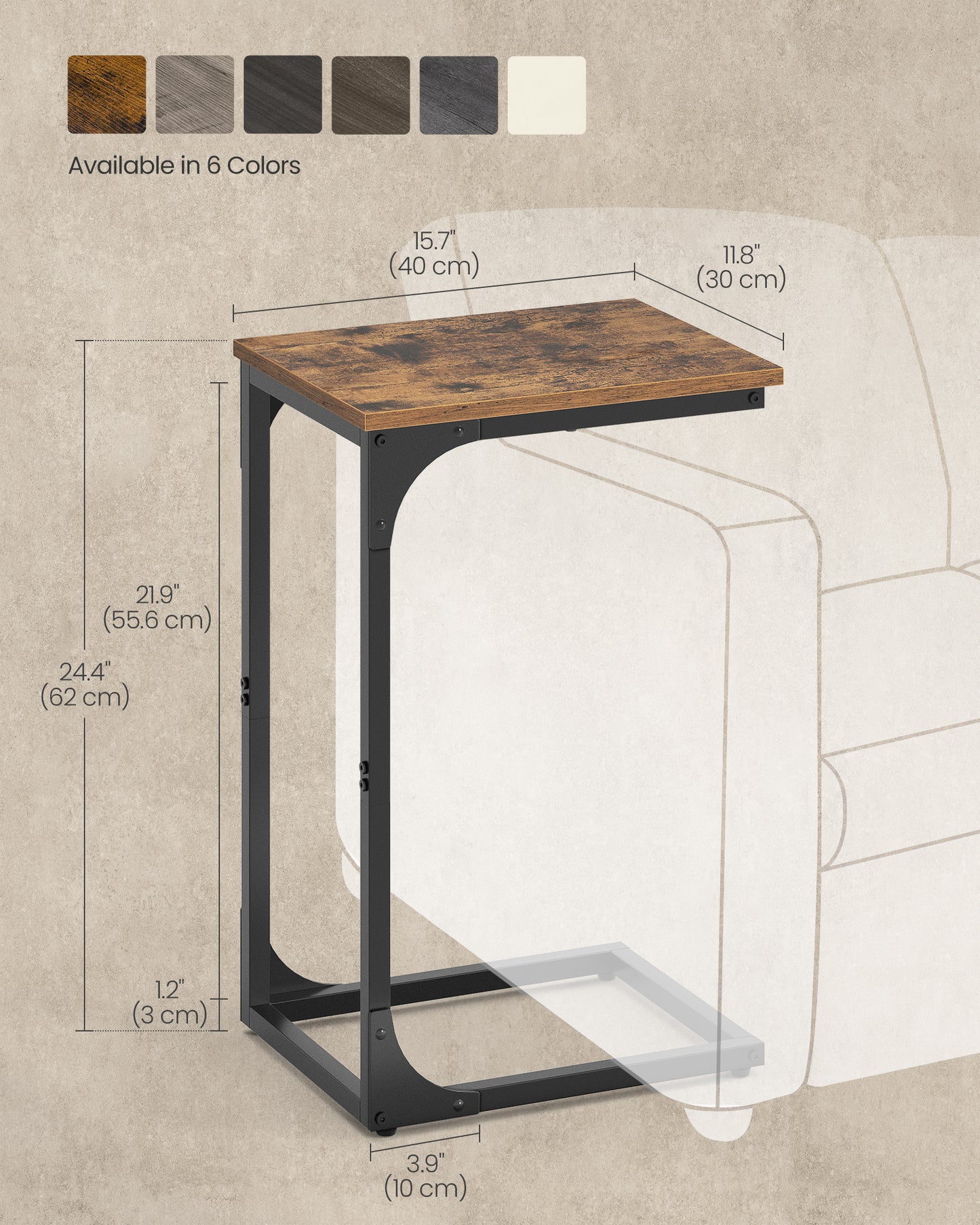 VASAGLE C-Shaped End Table, Small Side Table for Couch, Sofa Table with Metal Frame, Rustic Brown and Black