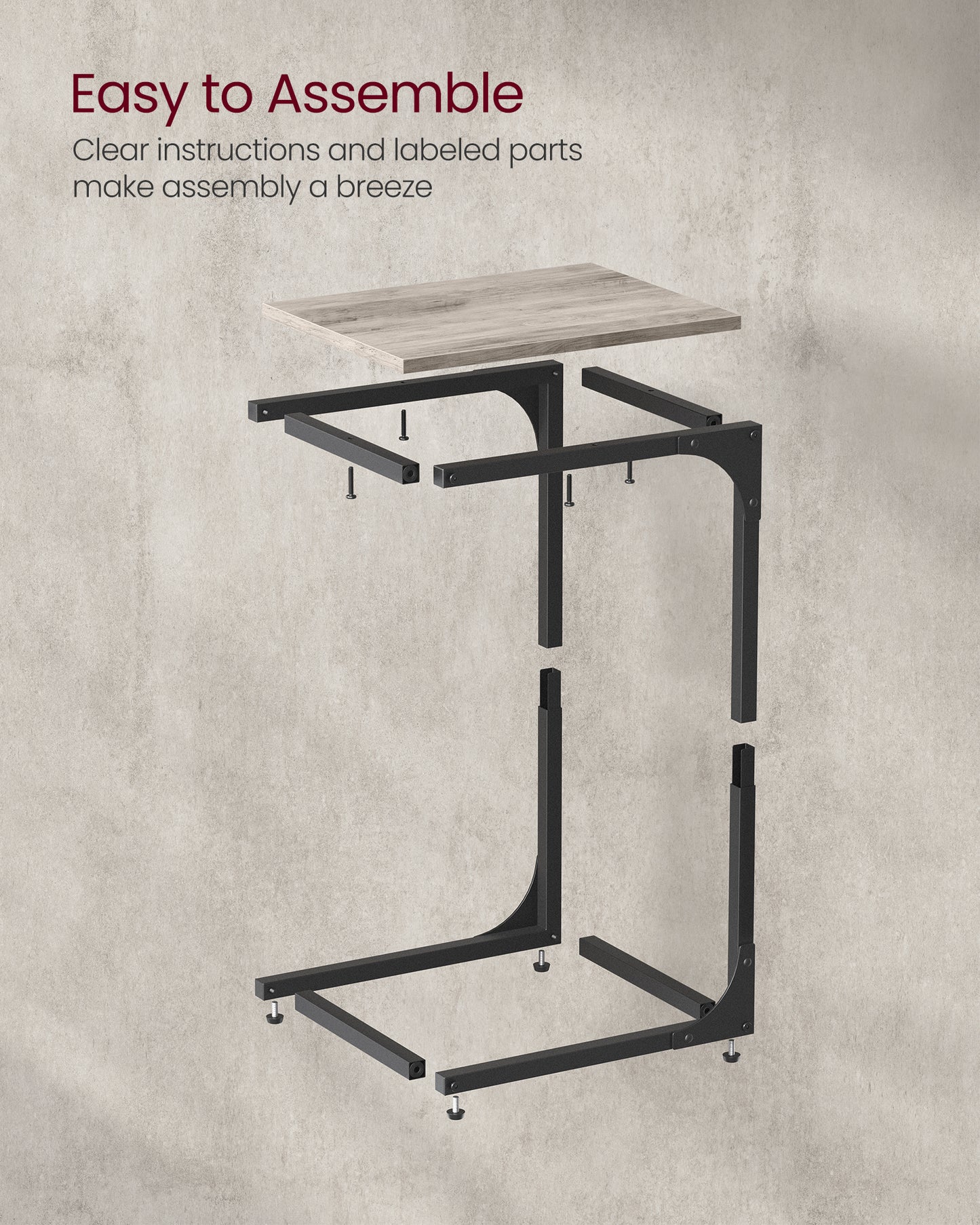 C-Shaped End Table, Small Side Table for Couch, Sofa Table with Metal Frame for Living Room, Bedroom, Bedside, Greige and Black