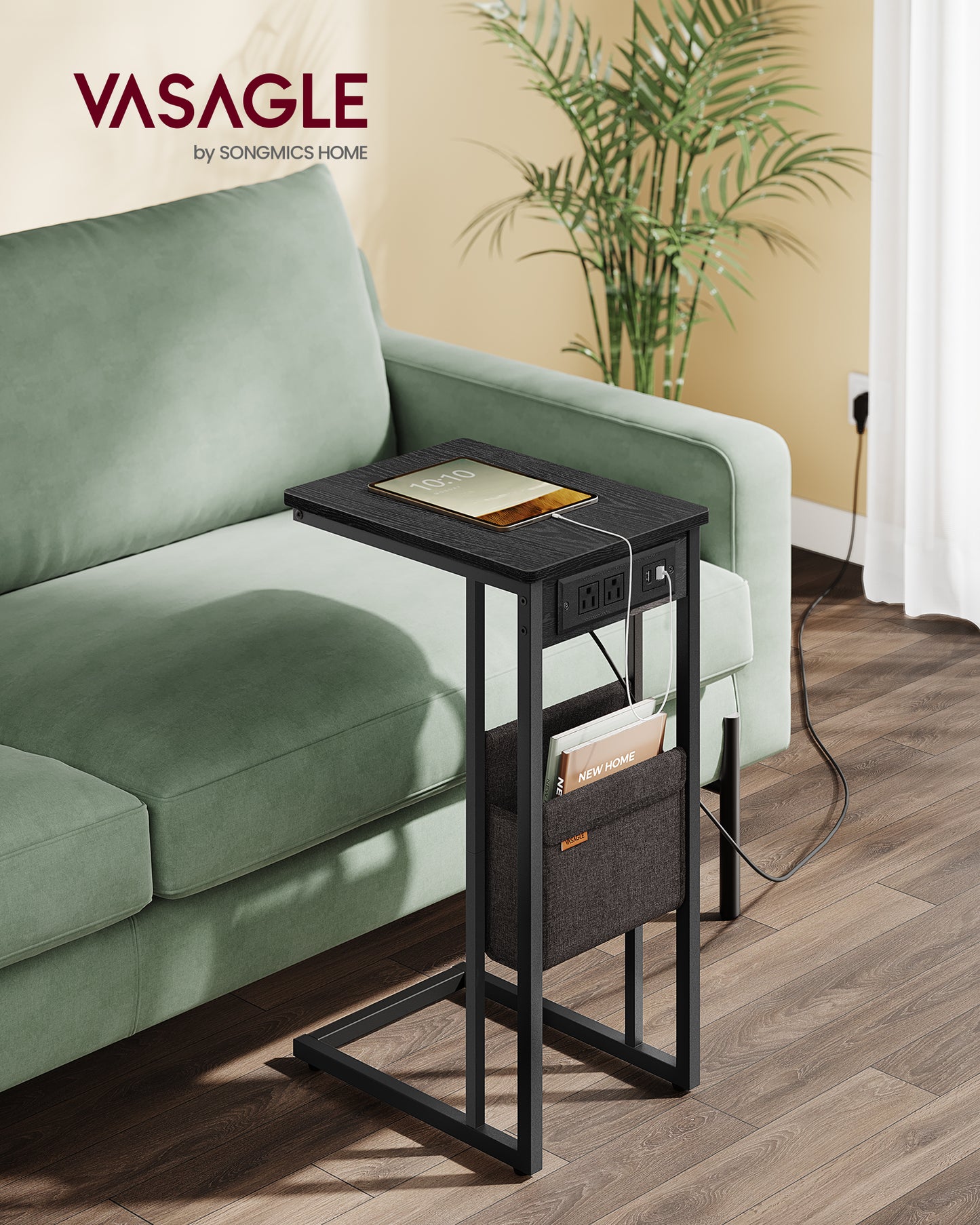 VASAGLE C-Shaped Side Table, End Table with Charging Station, 2 USB Ports and Outlets, C Table for Couch, Sofa, with Storage Bag Adjustable Feet Ebony Black