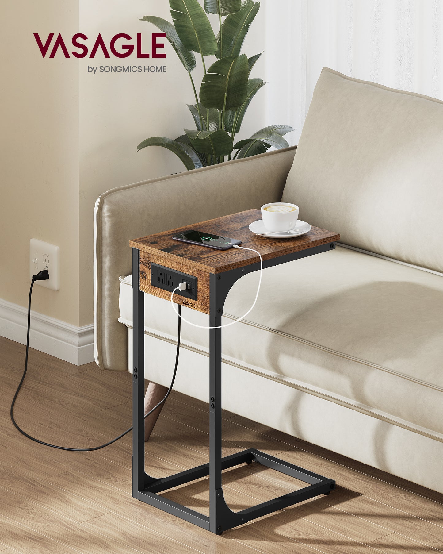 Rustic Brown C - Shaped Side Table - End Table with Charging Station (2 USB Ports & Outlets). Adjustable Feet, Ideal for Couch