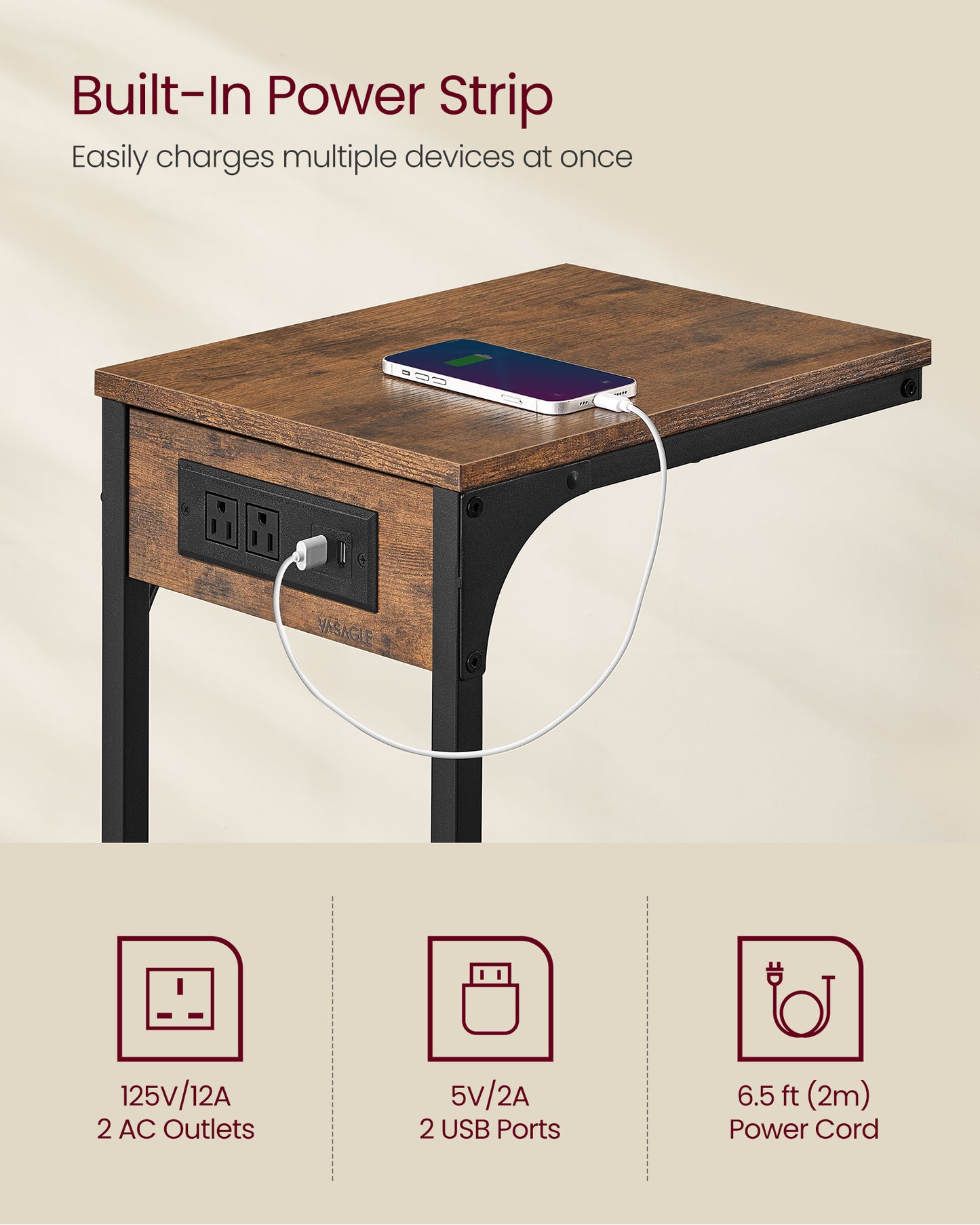 Rustic Brown C - Shaped Side Table - End Table with Charging Station (2 USB Ports & Outlets). Adjustable Feet, Ideal for Couch