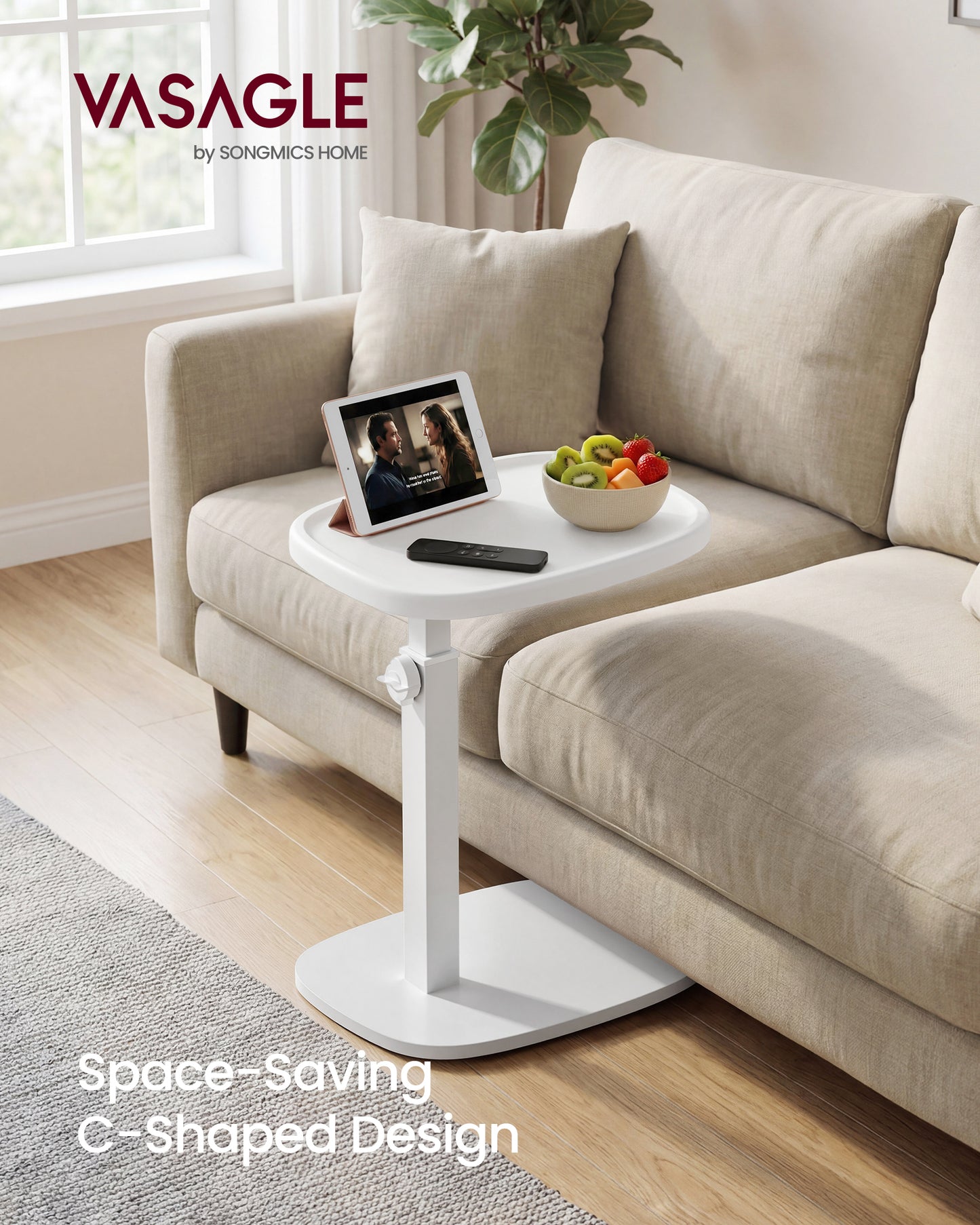 VASAGLE Couch Table, C-Shaped Sofa Side End Table, Bedside Table, Adjustable Height, for Small Spaces, 11.8 x 15.7 x 27.2 Inches, Cloud White