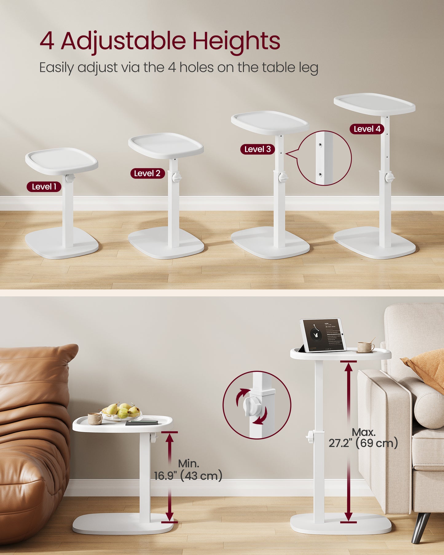 VASAGLE Couch Table, C-Shaped Sofa Side End Table, Bedside Table, Adjustable Height, for Small Spaces, 11.8 x 15.7 x 27.2 Inches, Cloud White