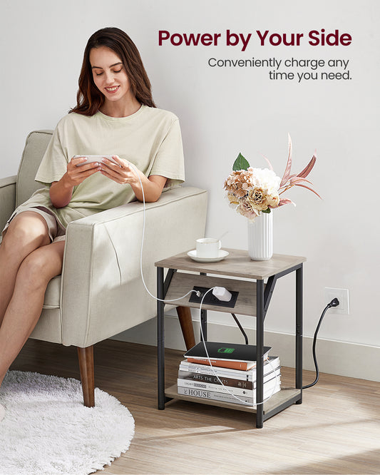 End Table with Charging Station, Small Side Table for Living Room, Bedroom, Nightstand with Outlets and USB Ports, Bedside Table with Storage Shelf, Heather Greige and Black
