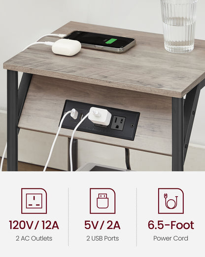 End Table with Charging Station, Small Side Table for Living Room, Bedroom, Nightstand with Outlets and USB Ports, Bedside Table with Storage Shelf, Heather Greige and Black