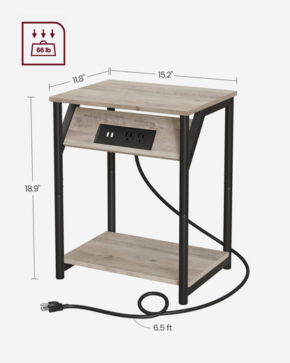 End Table with Charging Station, Small Side Table for Living Room, Bedroom, Nightstand with Outlets and USB Ports, Bedside Table with Storage Shelf, Heather Greige and Black