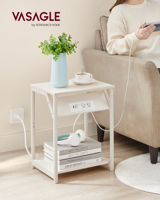 End Table with Charging Station, Set of 2, Small Side Tables for Living Room, Bedroom, Nightstand Bedside Table with Storage Shelf, Cream White