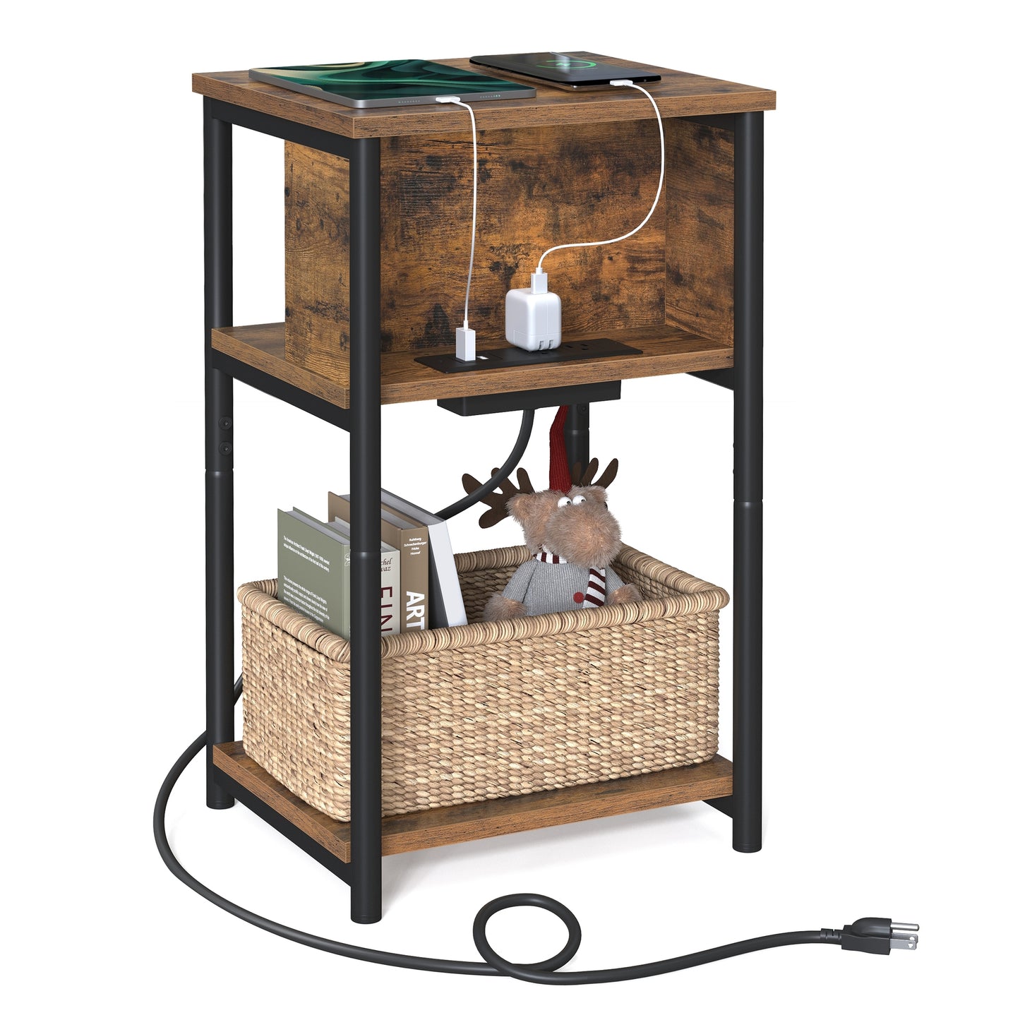 End Table with Built-in Charging Station 3-Tier Nightstand with USB Ports and Power Outlets Side Table for Bedroom Living Room Rustic Brown and Black
