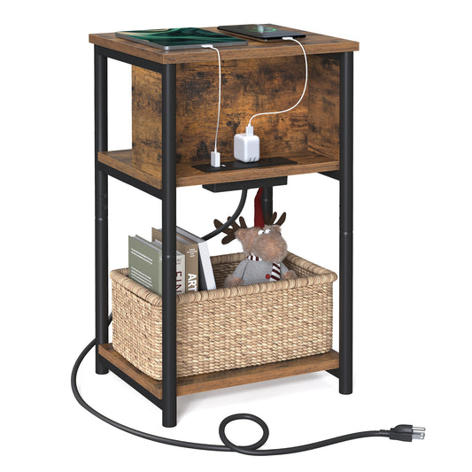 End Table with Built-in Charging Station 3-Tier Nightstand with USB Ports and Power Outlets Side Table for Bedroom Living Room Rustic Brown and Black