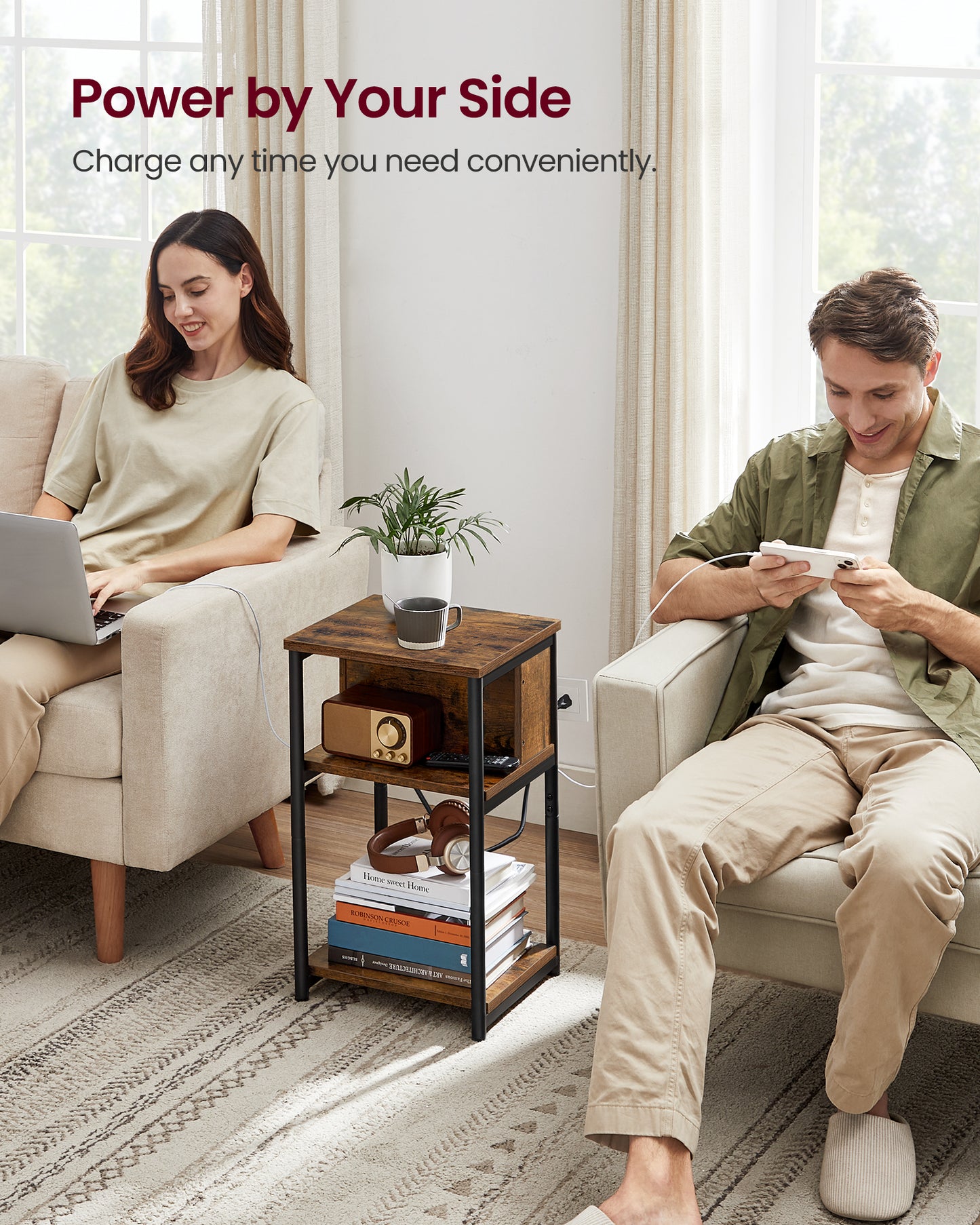 Side Table with Charging Station, 3-Tier End Table Nightstand for Living Room Bedroom Rustic Brown and Black