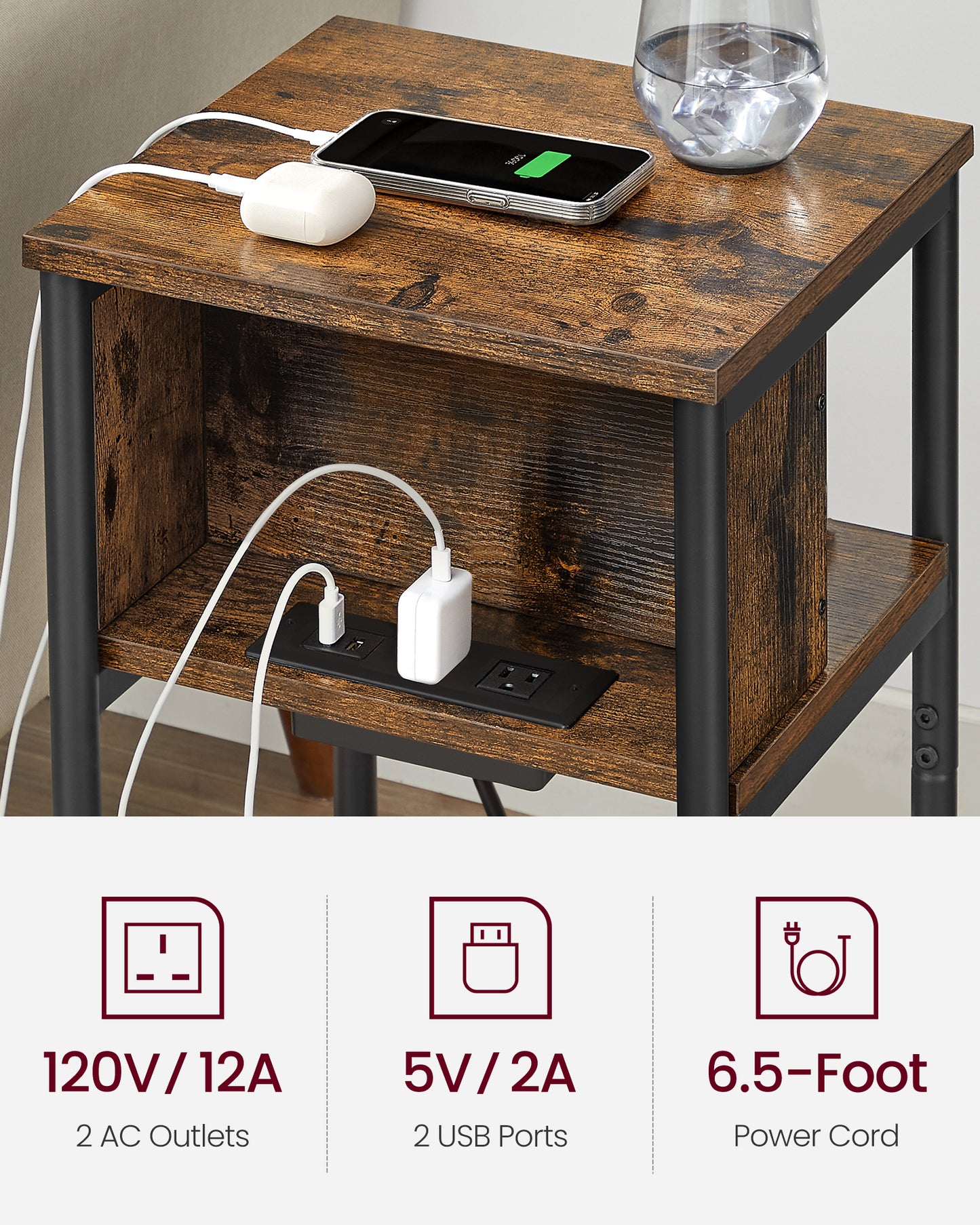End Table with Built-in Charging Station 3-Tier Nightstand with USB Ports and Power Outlets Side Table for Bedroom Living Room Rustic Brown and Black