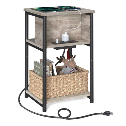 VASAGLE End Table with Charging Station 3-Tier Side Table with USB Ports and Outlets Nightstand Greige and Black